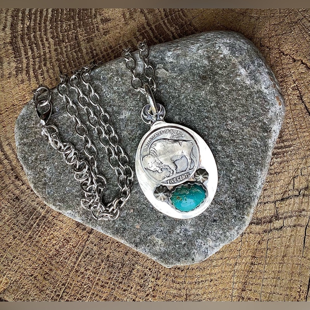 Silver Buffalo Nickel Pendant Necklace with Turquoise